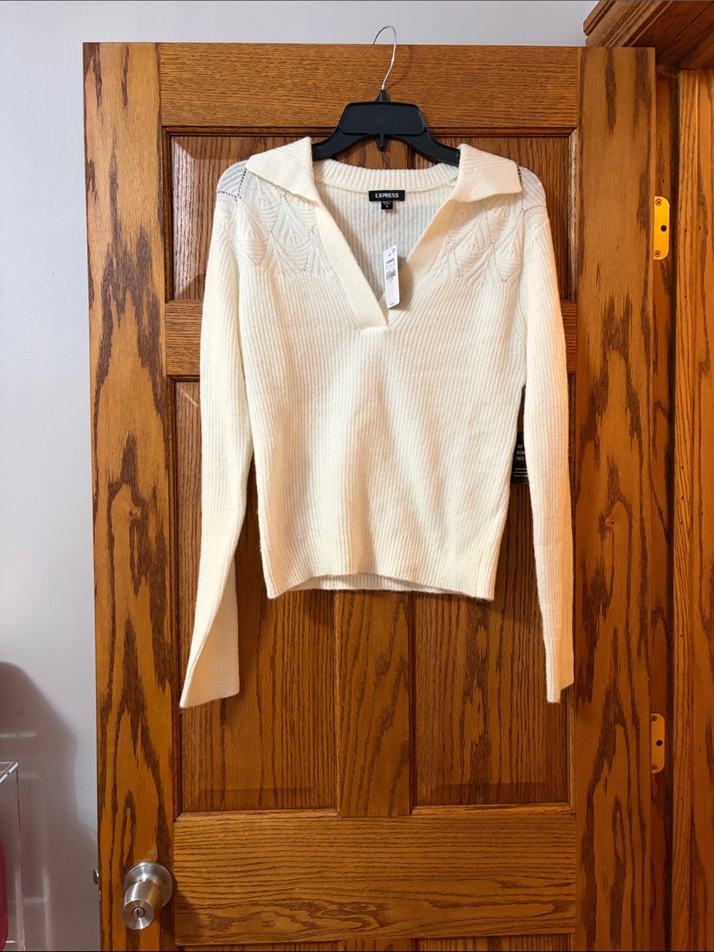 Express Cream Ribbed V-Neck Sweater with Collar Detail